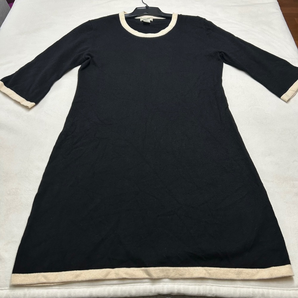 Neiman Marcus Silk Cashmere Knit Dress Black Cream Ringer XL 3/4 Sleeve Luxury
